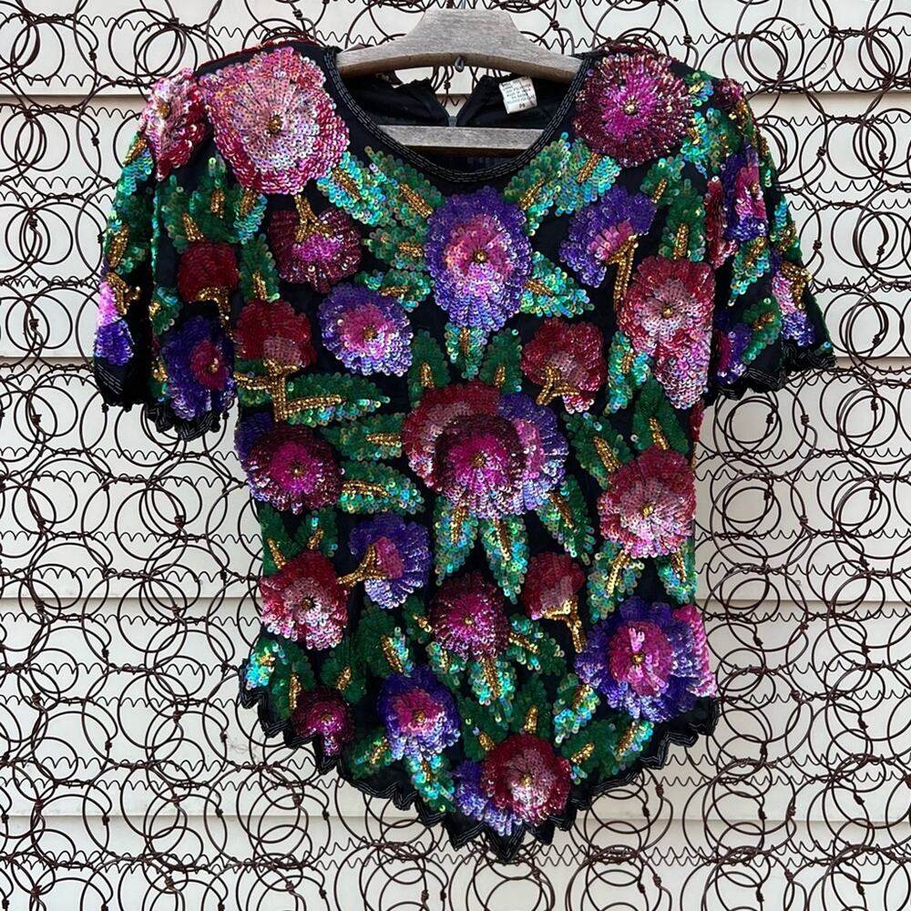 Vintage 80s Laurence Kazar New York floral sequin silk blouse silk pink green PS